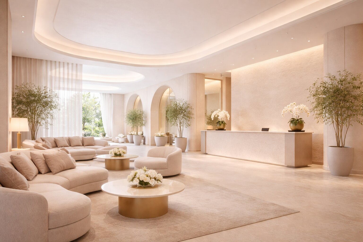 Luxury hotel lobby with soft natural lighting and cohesive atmosphere demonstrating a hotel scent branding strategy for consistent guest experience